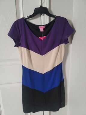 She's Cool Purple, Cream, Blue & Black Colorblock Scoop Dress